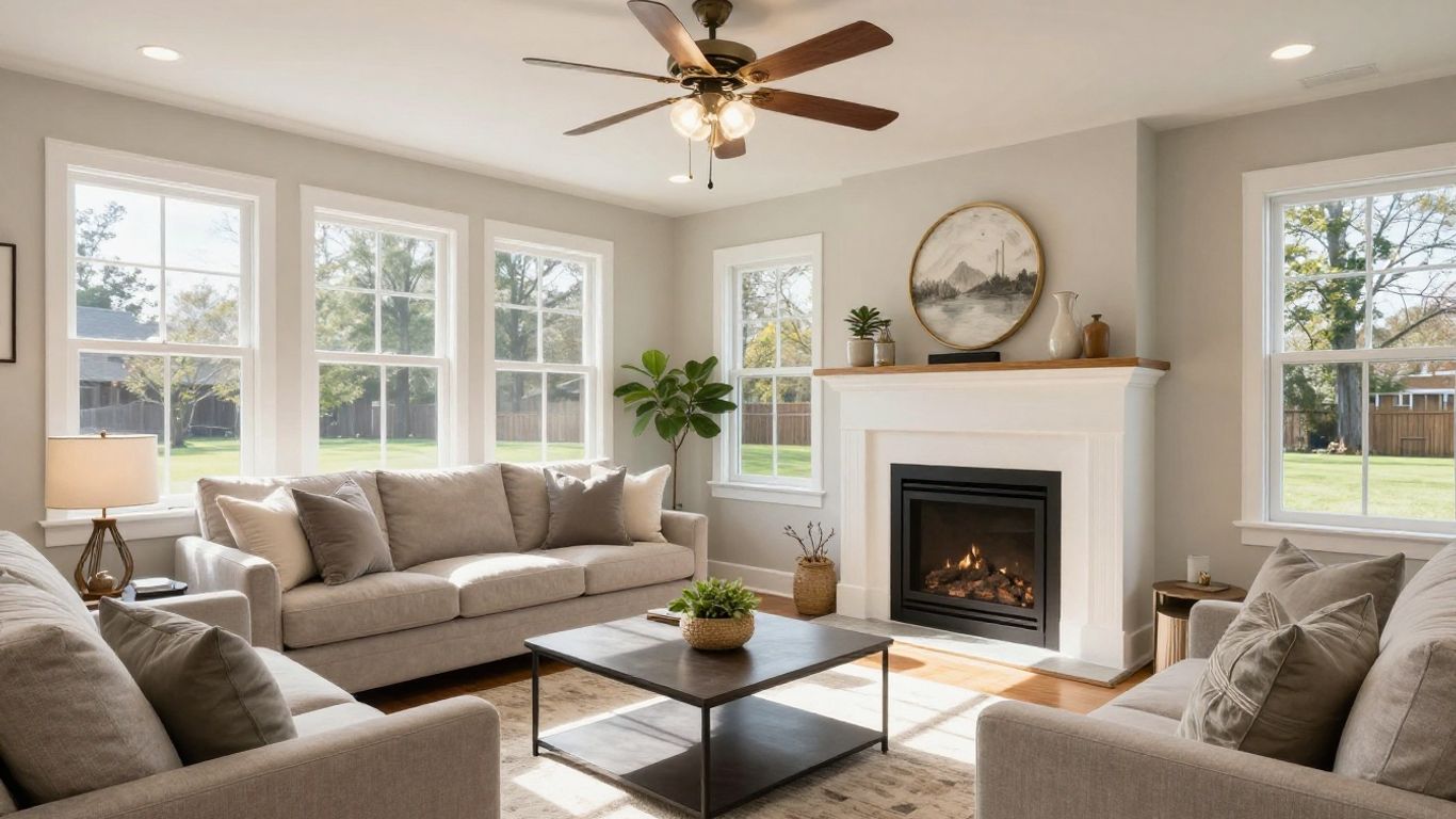 Remodeled basement living space with fireplace and seating.