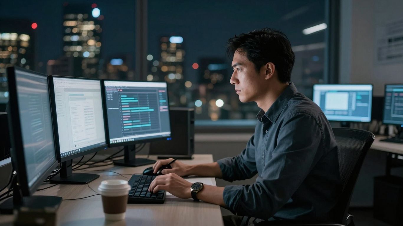 Trader at desk with city view and computer monitors.