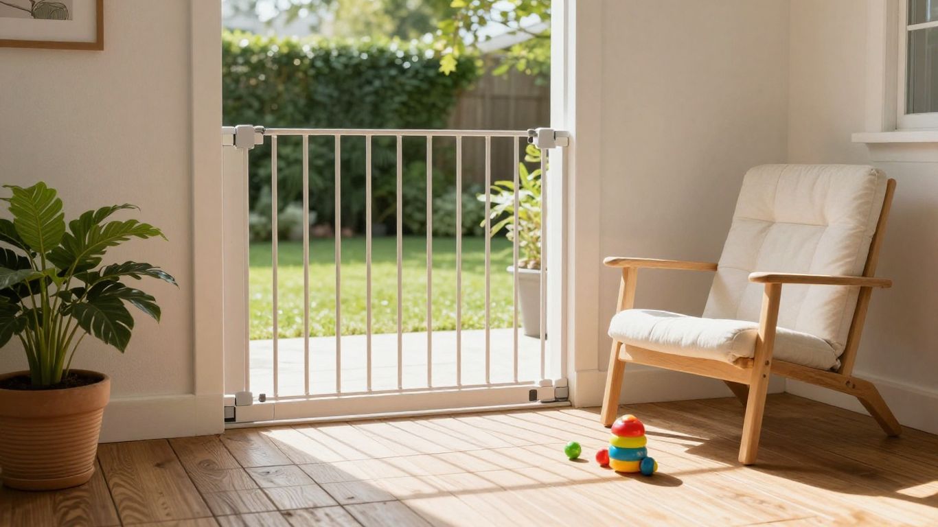 Baby-proofed deck with gate and toys.