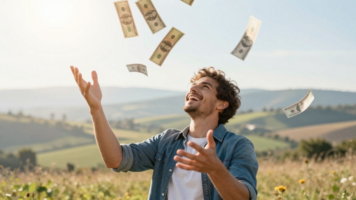 Persona feliz lanzando dinero al aire con éxito.