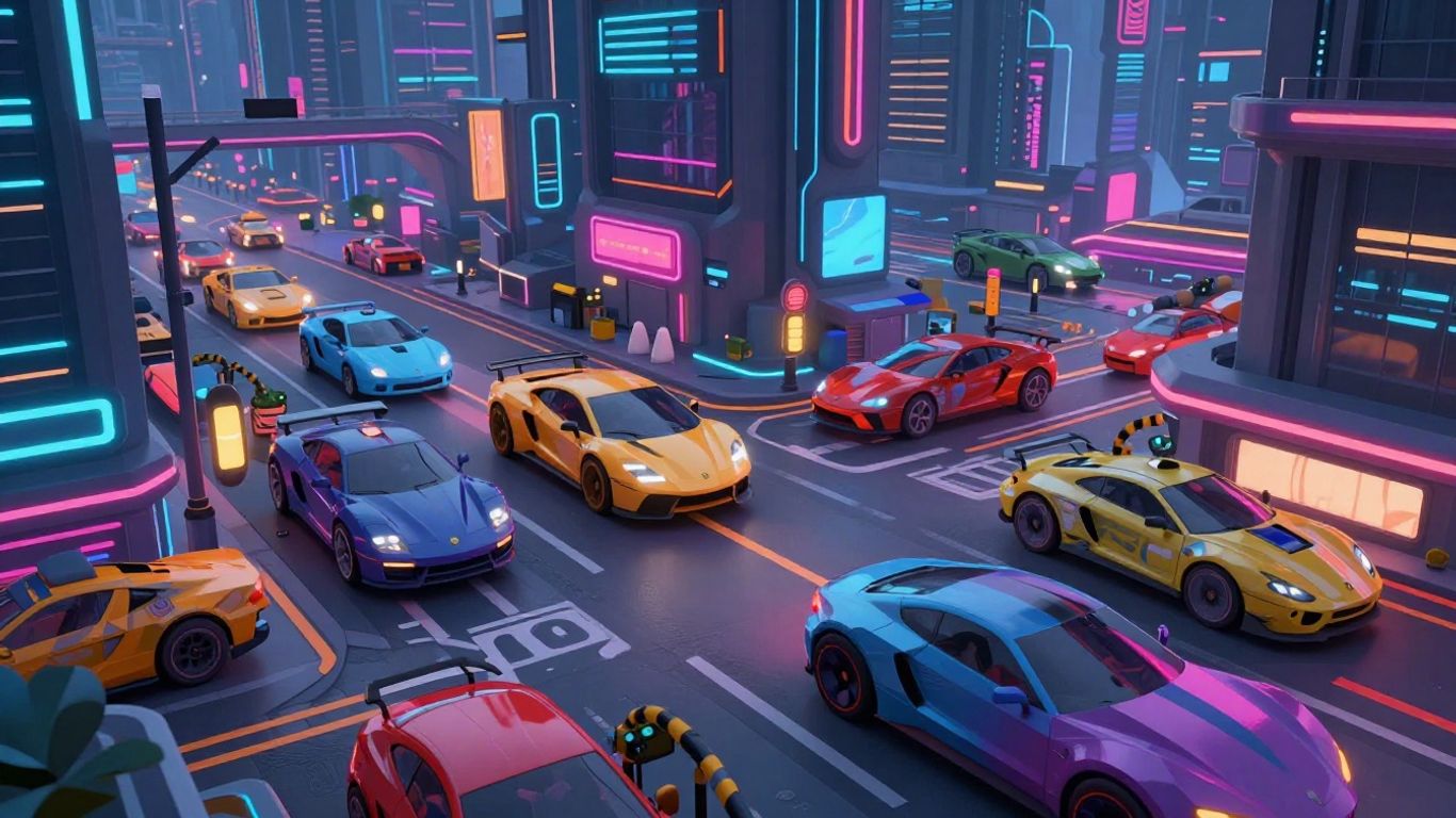 Futuristic cityscape with stylized cars and neon lights.