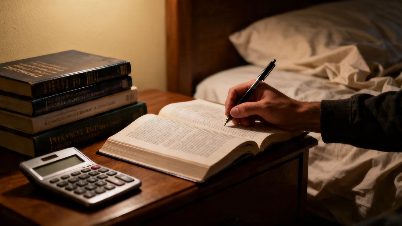 Finance books and calculator on nightstand at 3 AM.