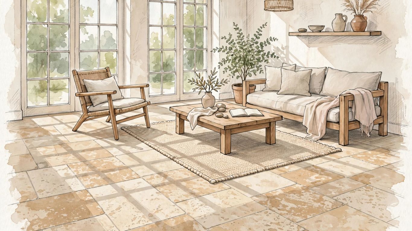 Warm travertine tiles arranged across a sunlit interior floor