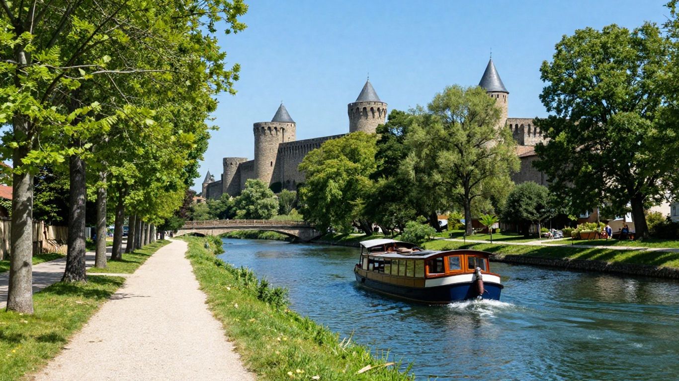 Canal du Midi with barge and Carcassonne in background
