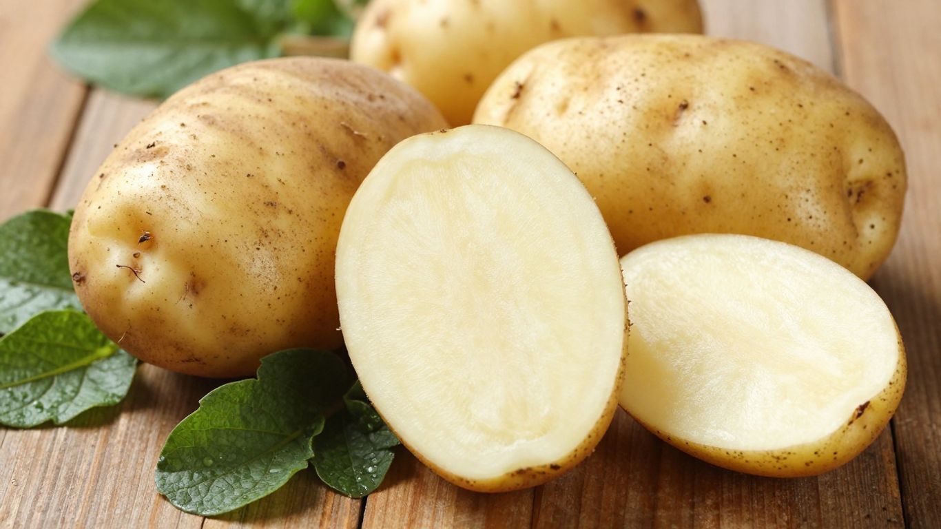 Biologische aardappelen op een houten ondergrond.