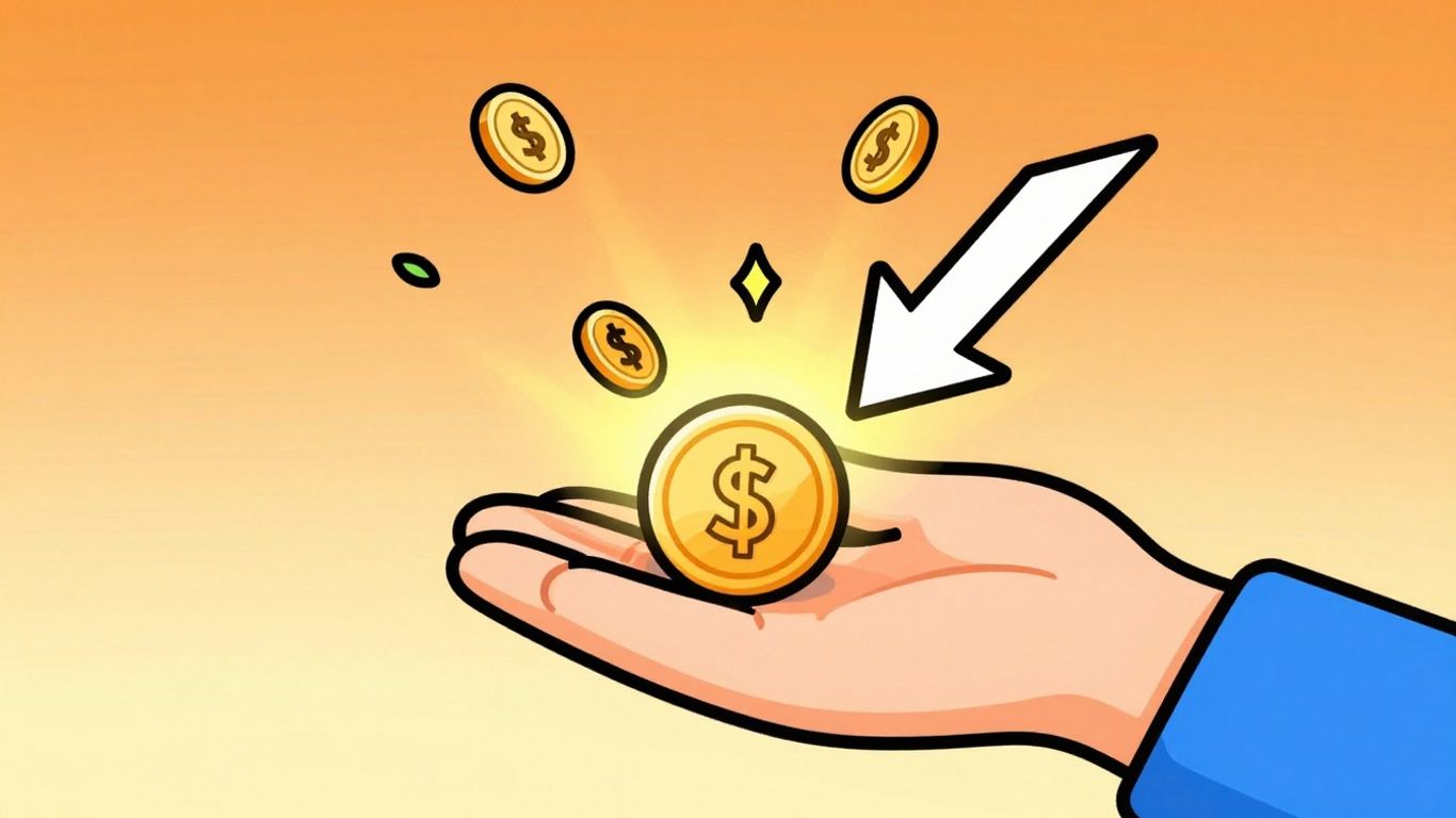 Hand holding a glowing coin with money symbols.