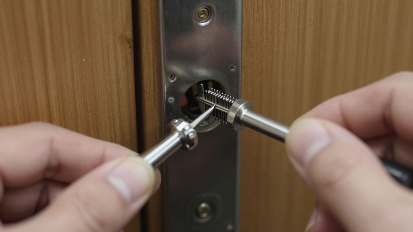 Locksmith picking a locked door cylinder with tools.