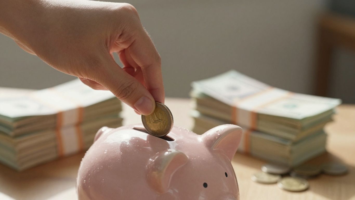 Mână pune monedă în pușculiță, bani în fundal.