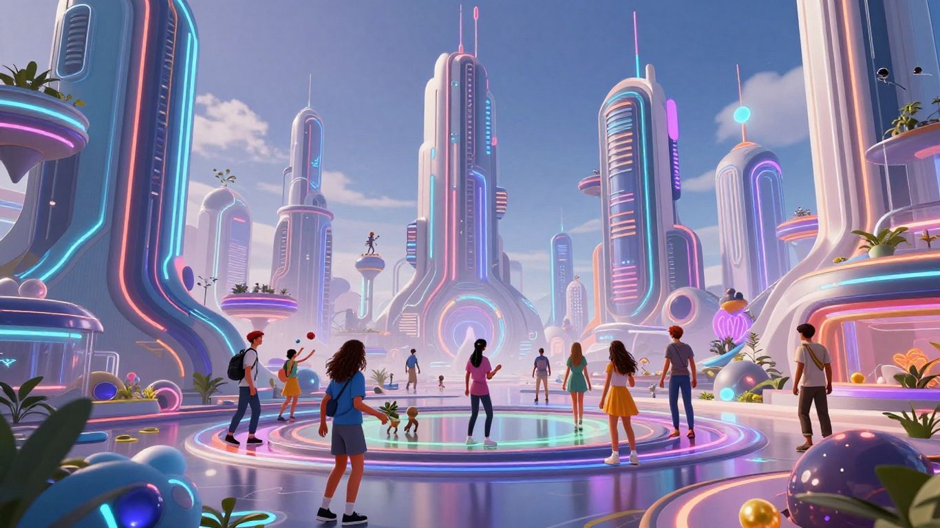 Avatares interagindo em um mundo virtual futurista e colorido.