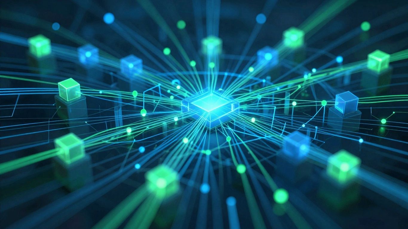 Interconnected blocks with glowing data streams.