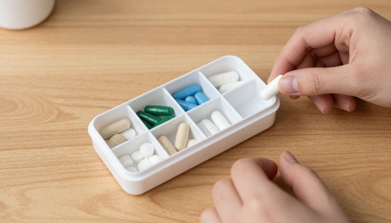 A neatly organized weekly pill container on a clean wooden surface, with a person's hands methodically filling the compartments with various supplements.