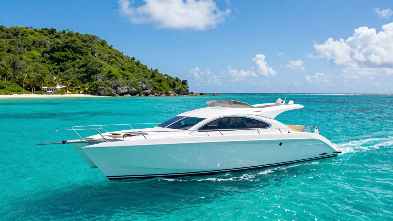Catamaran sailing on turquoise water near Tortola islands.