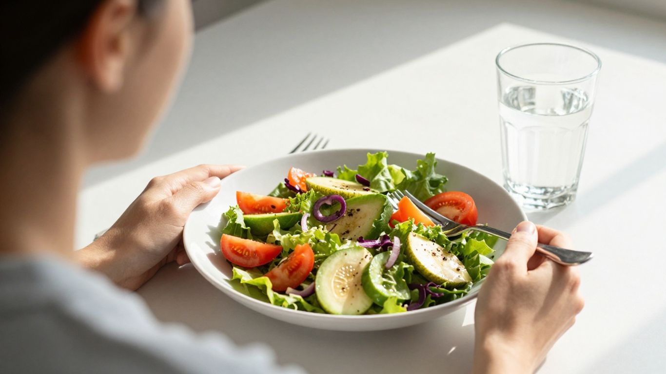 Person considering a healthy meal for weight loss.