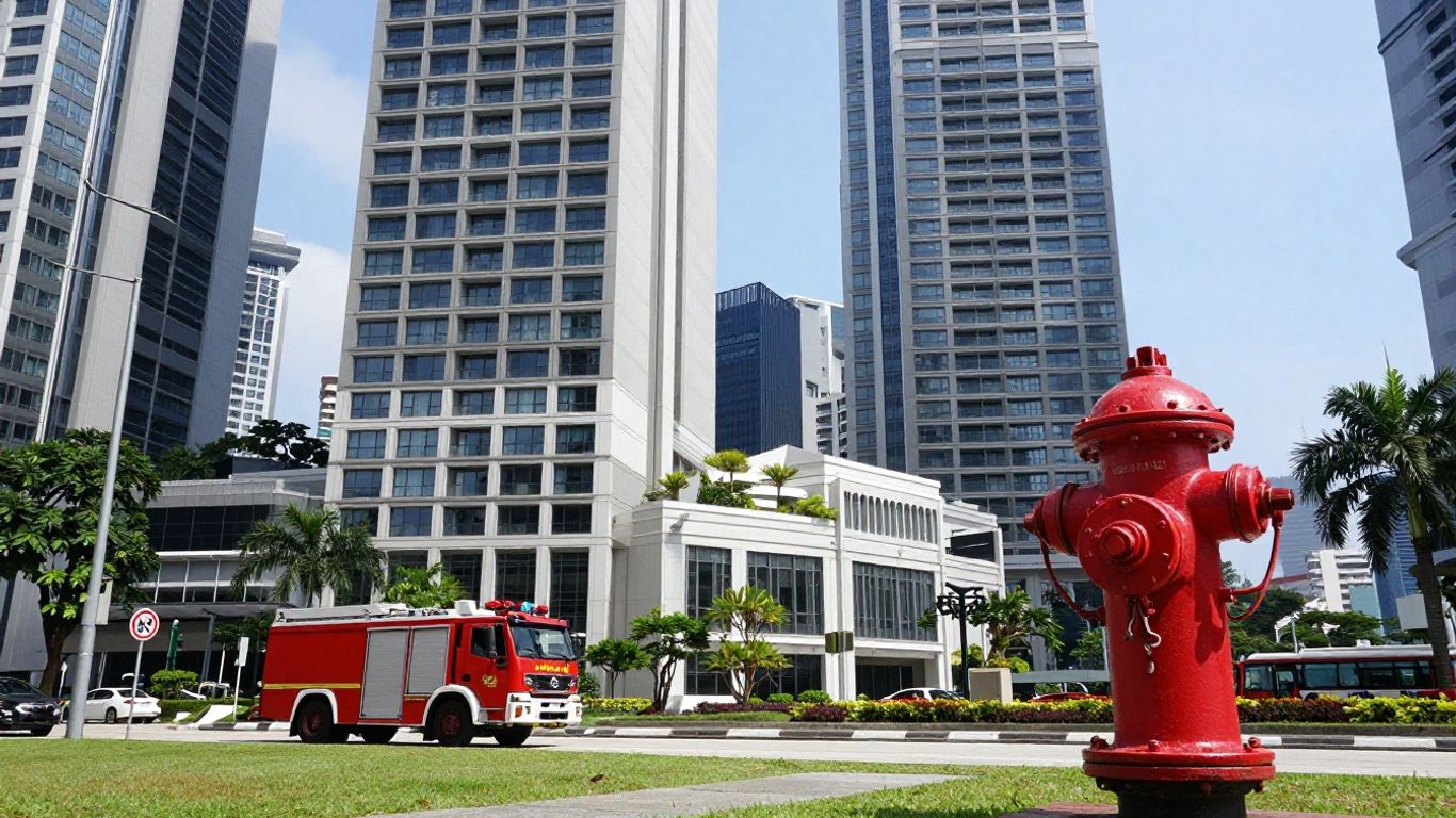 Singapore building with fire safety equipment.