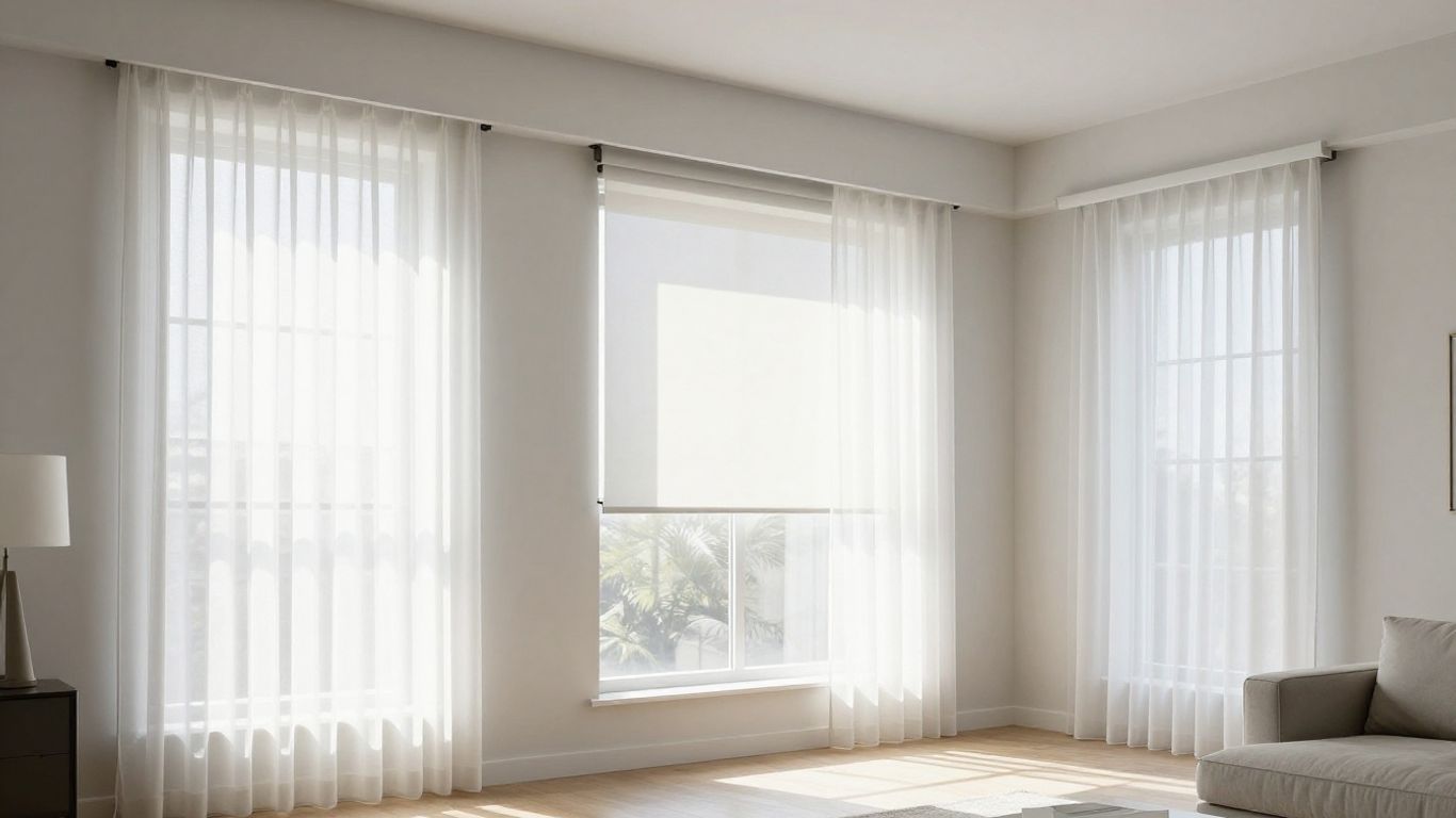 Modern casement window with sheer curtains and minimalist blinds.