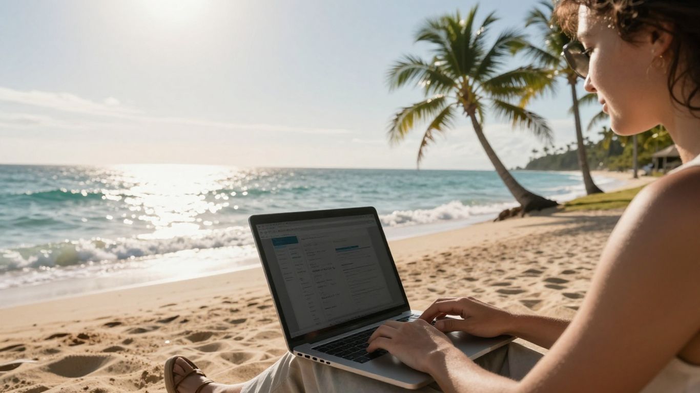Person working on laptop on a beach.