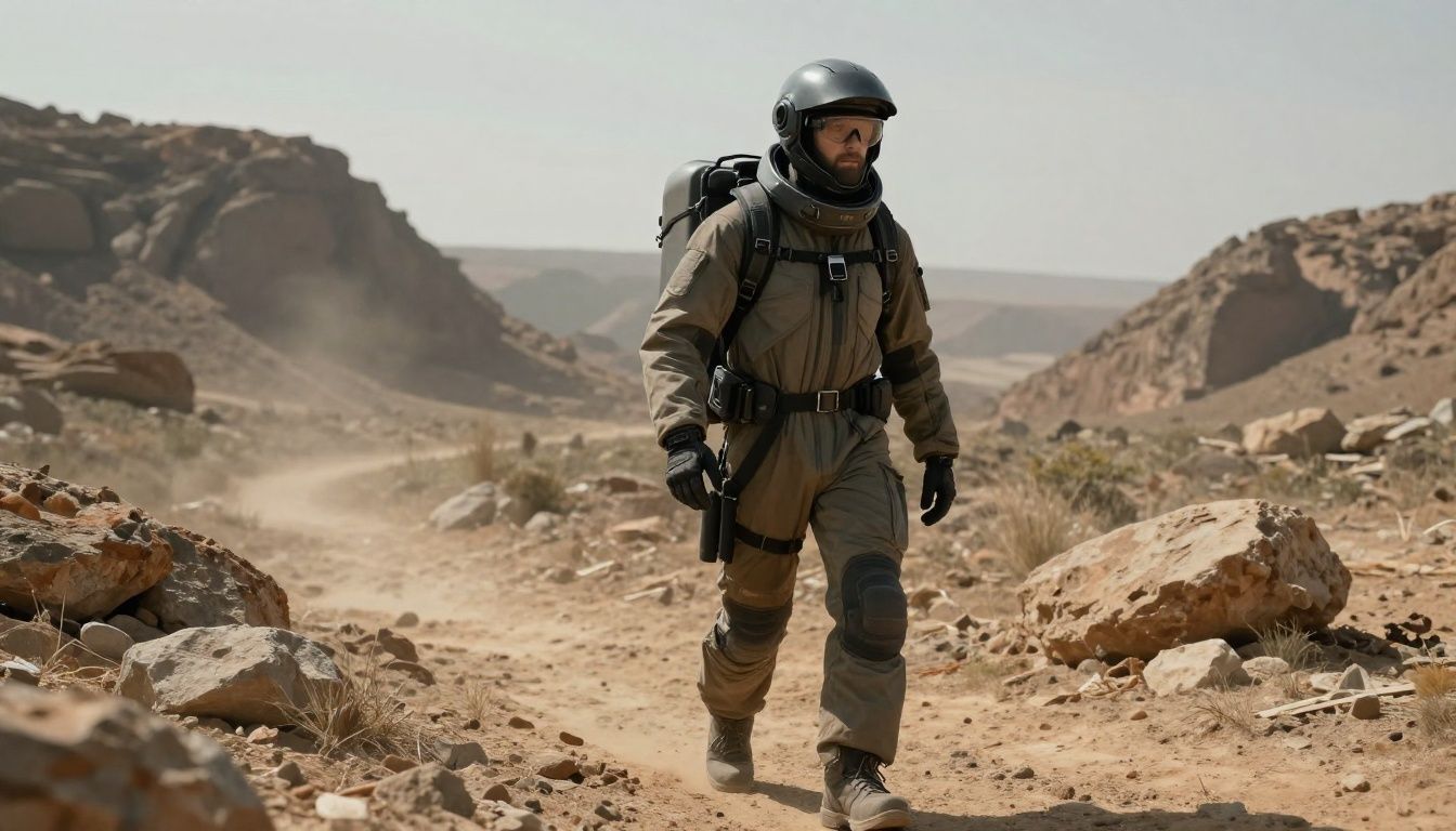 Um entregador futurista equipado com acessórios de alta tecnologia atravessando terrenos complexos e rochosos em um mundo desolado
