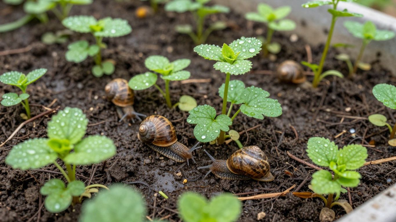 Gartenerde mit kleinen Schnecken im Frühling, grüne Pflänzchen