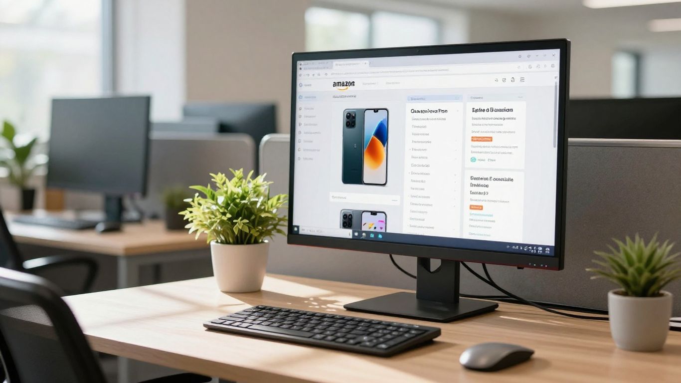 Amazon product listings on a monitor in a bright office.