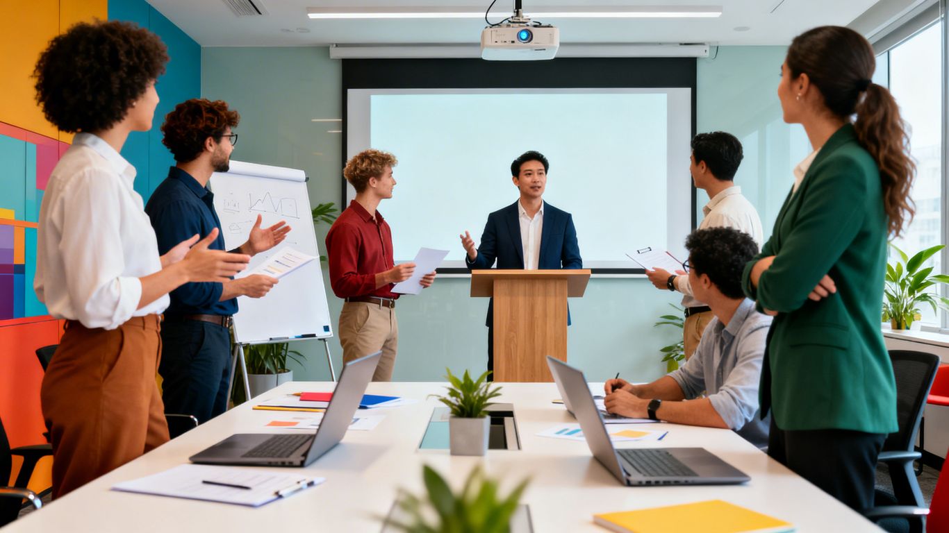 Diverse professionals collaborating and presenting in a modern office.