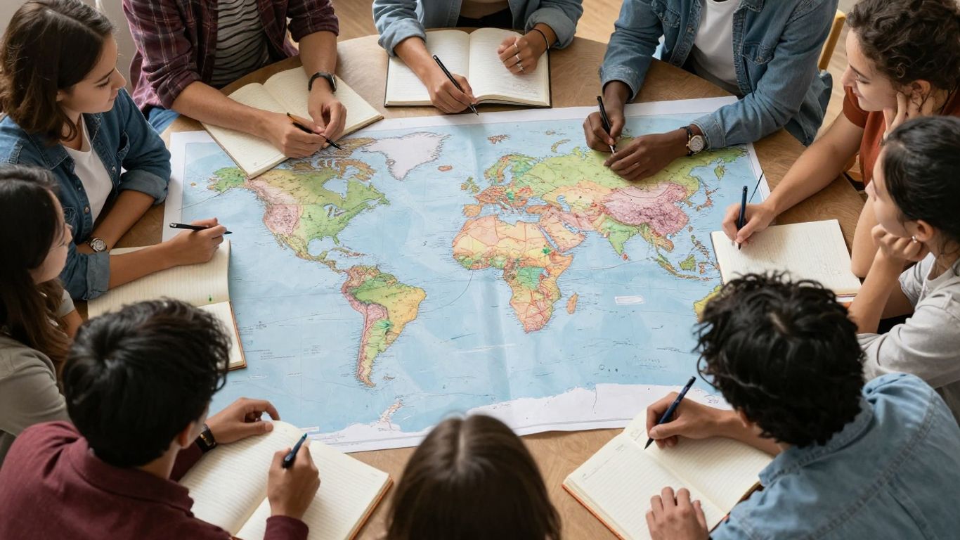 Friends exploring a world map together