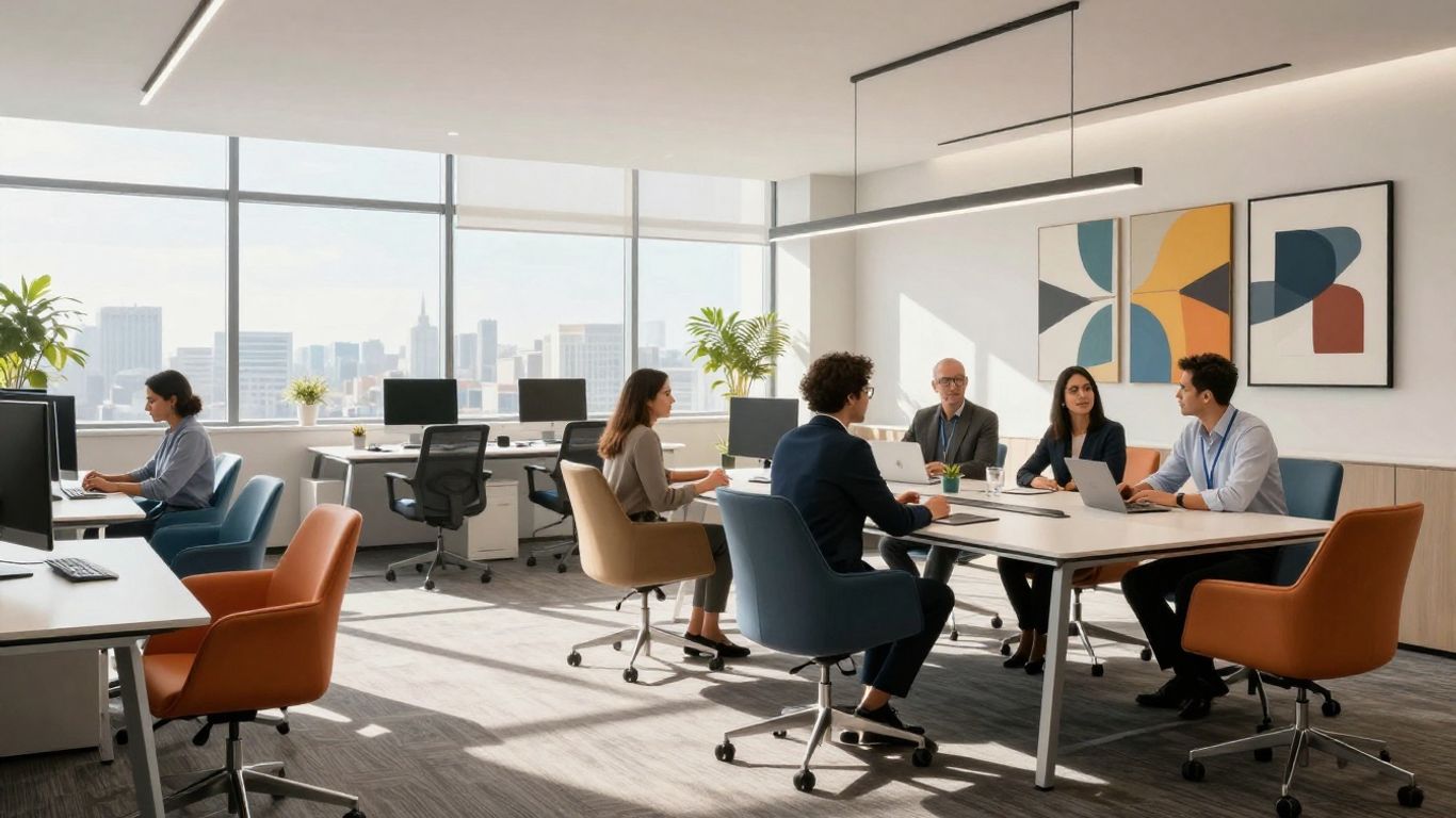 Modern office interior with professionals collaborating.