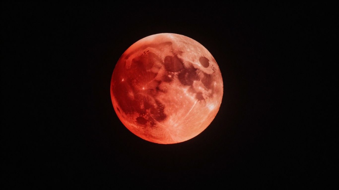 Eclipse lunar parcial com a lua em tons avermelhados.