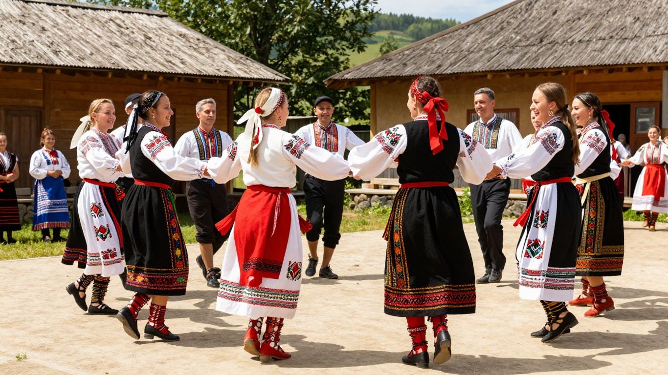 Dansatori în costume tradiționale românești.