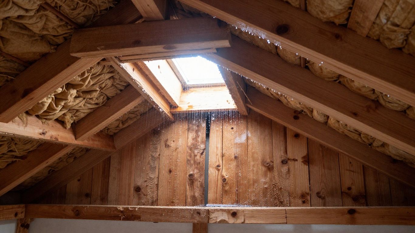 Attic condensation on rafters and insulation.