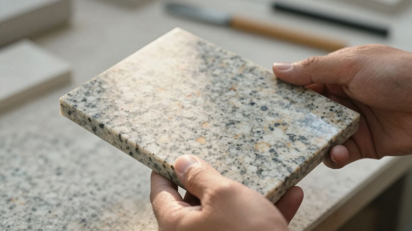 Fabricator holding granite countertop sample