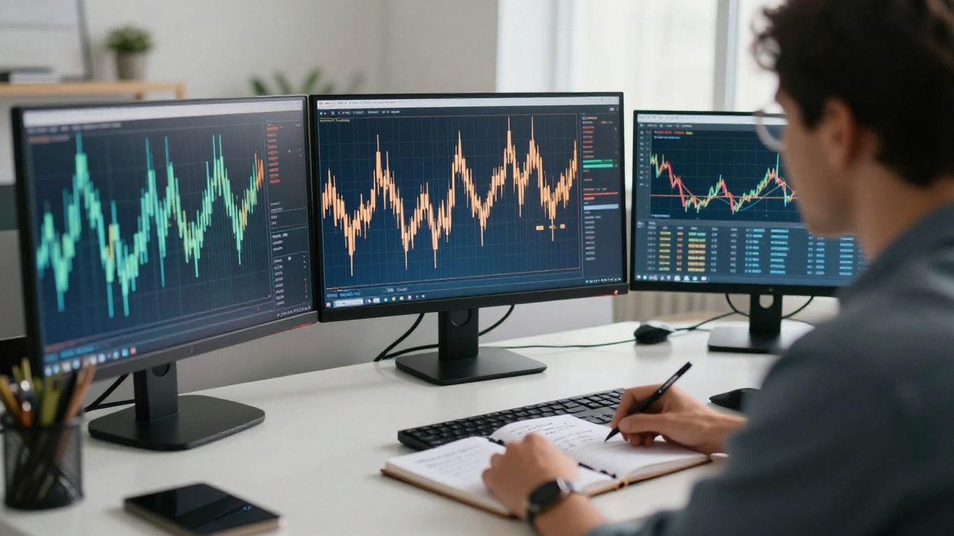 Market trader reviewing forex charts at a desk