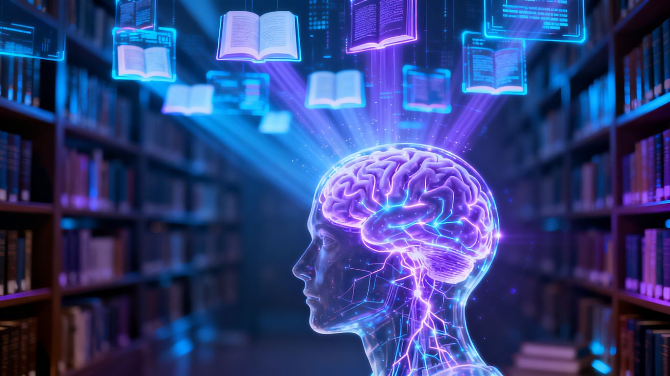 AI brain connected to a digital library