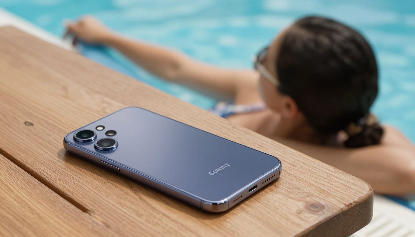 A person relaxing by a swimming pool in Australia, with their Samsung Galaxy S25 safely on the table next to them.