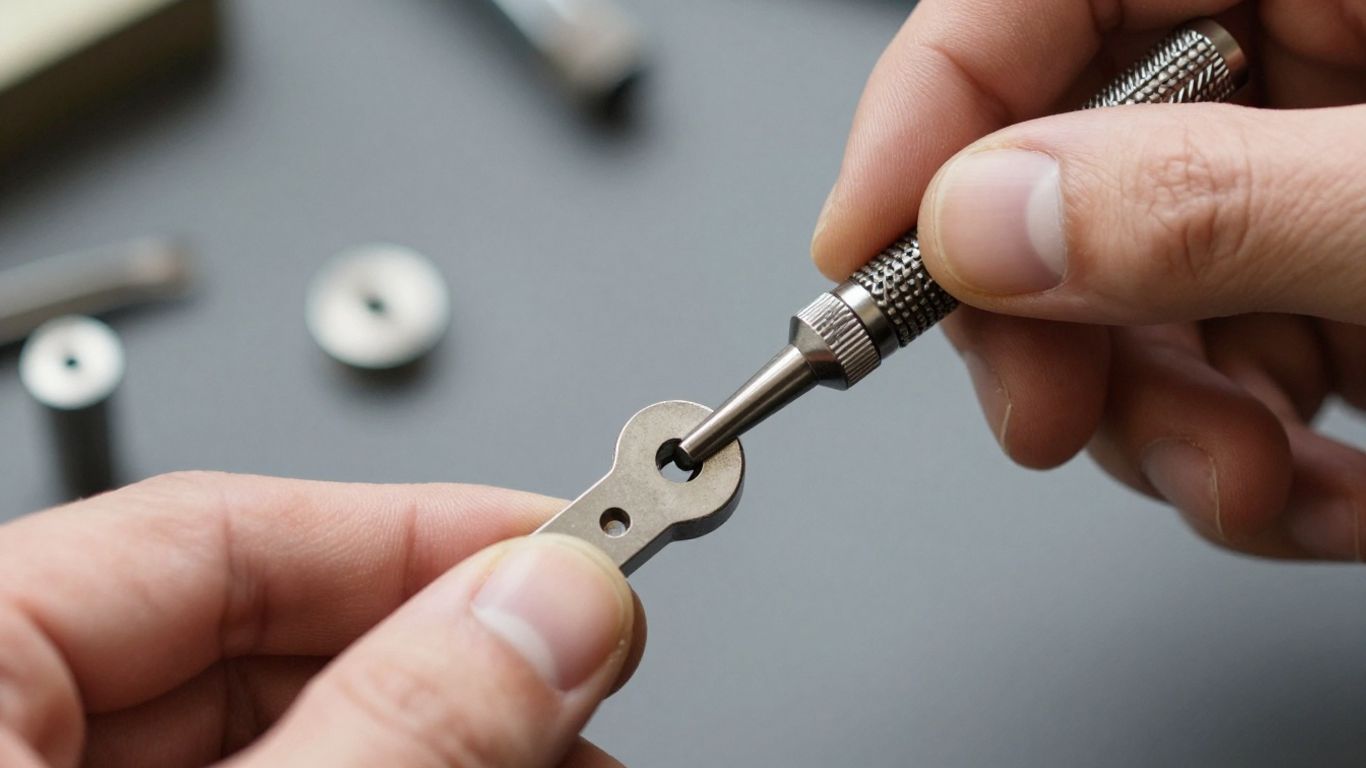 Locksmith rekeying a lock cylinder with tools.