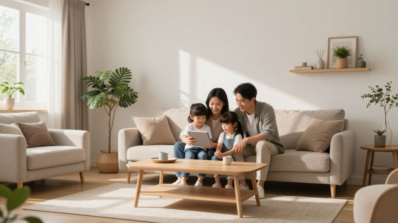 Familia sonriendo en sala de estar con seguro casero.