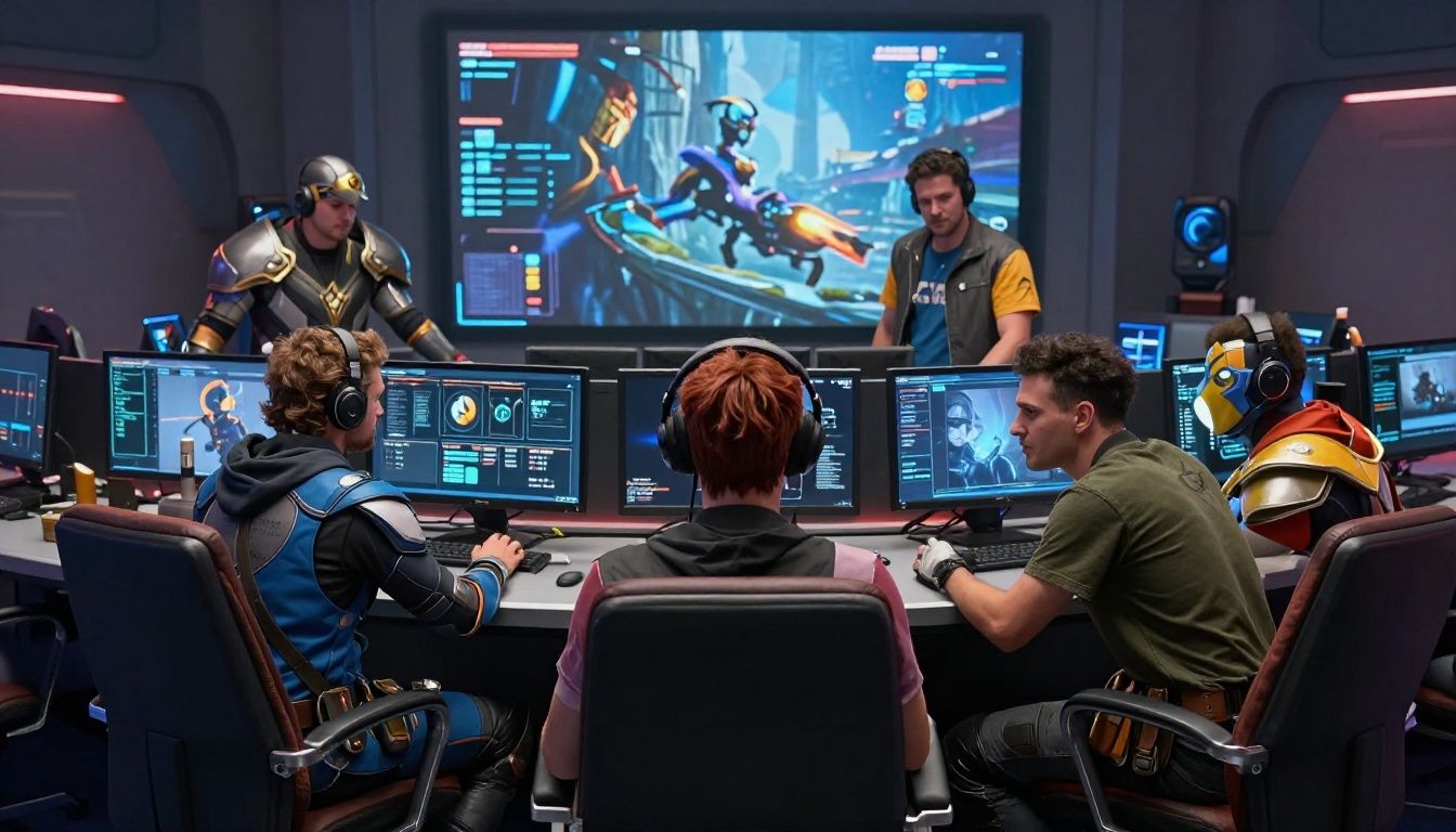 Equipe de heróis de Overwatch planejando a tática em uma sala de controle tecnológica