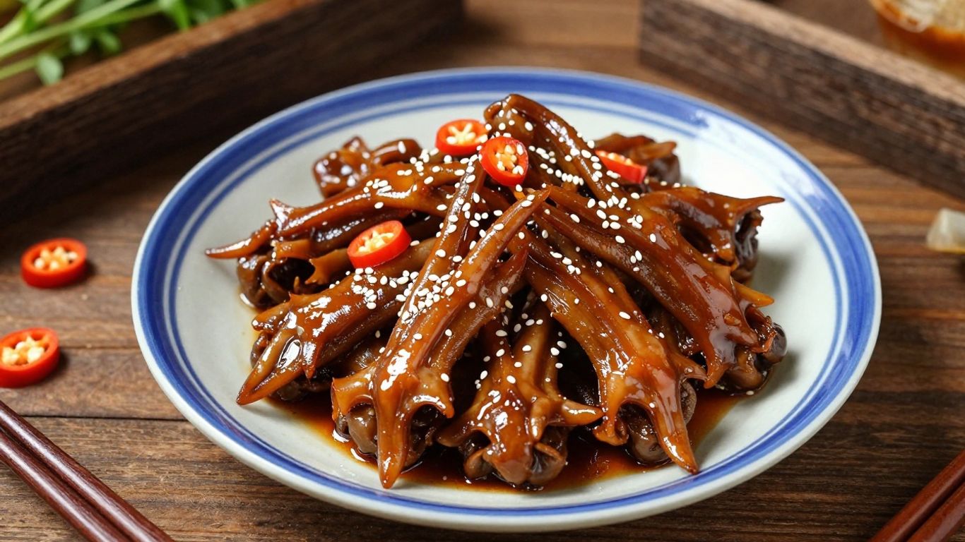 Glazed duck tongues on a ceramic platter