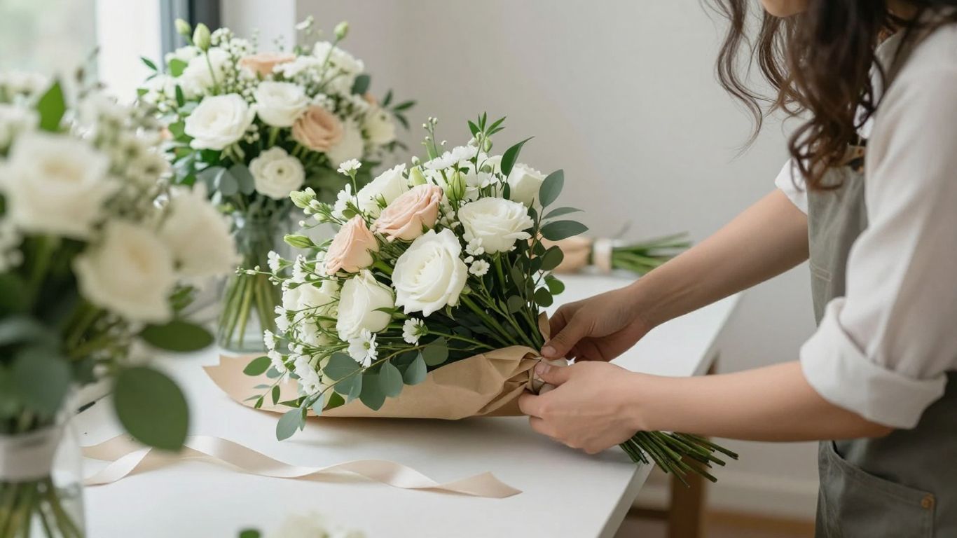 Florist preparing flowers for memorial delivery