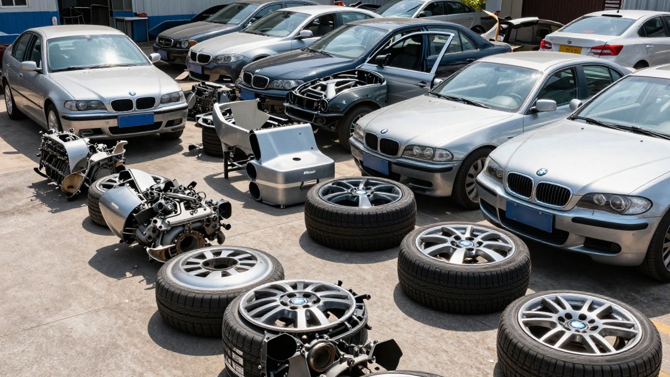 BMW car parts at a wrecking yard.