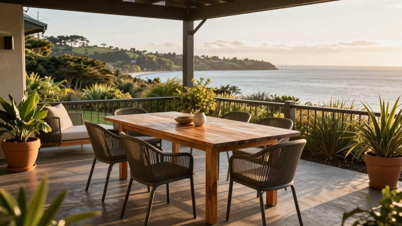 A calm patio with timber and metal furniture