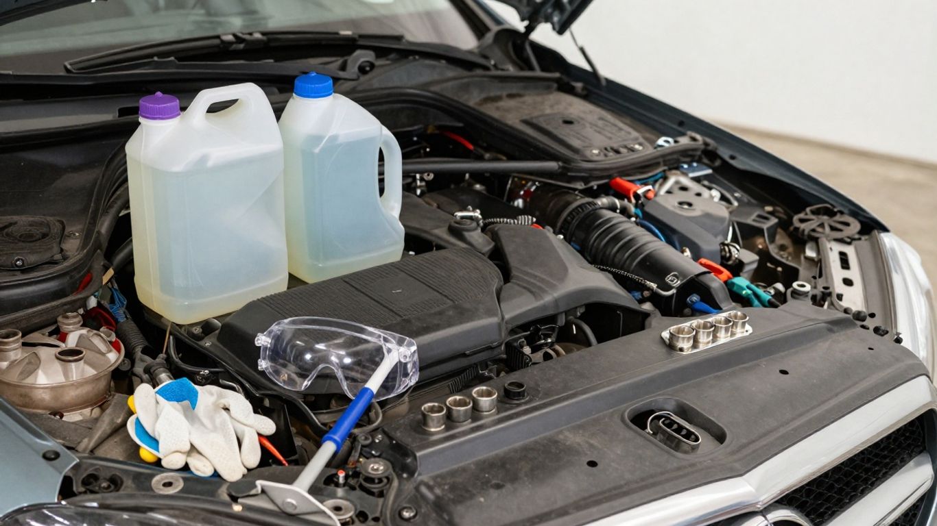 Organized coolant service tools beside Mercedes engine