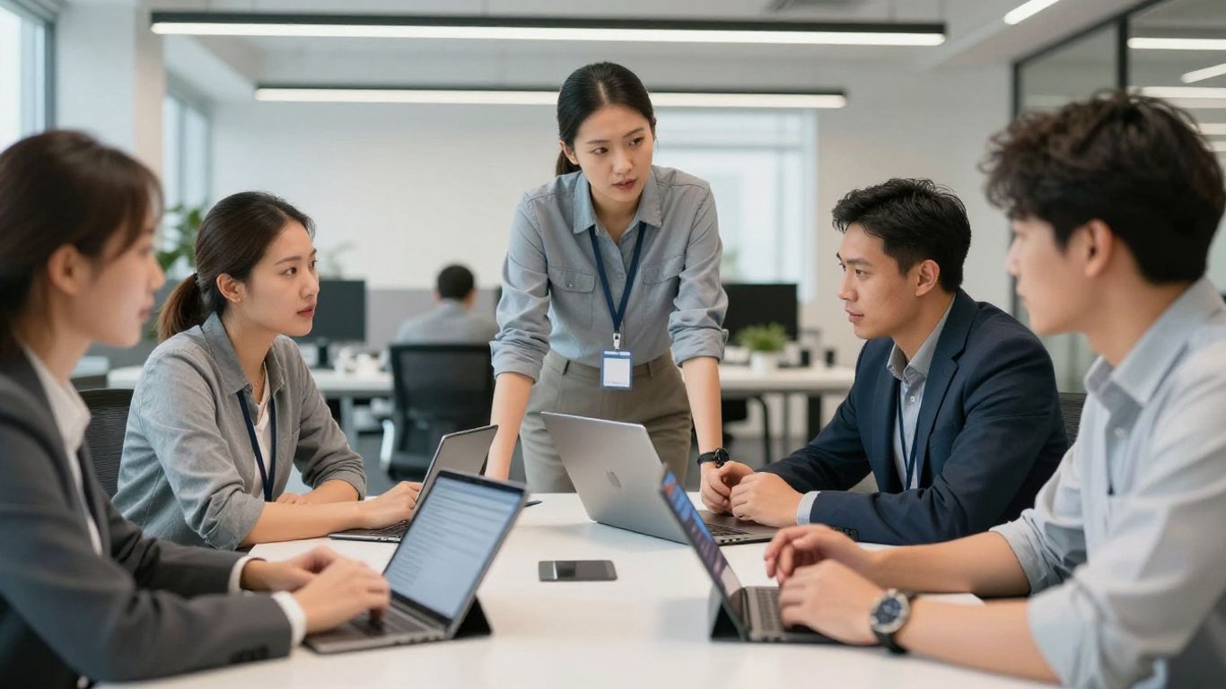 Professional team discussing strategy in a modern office