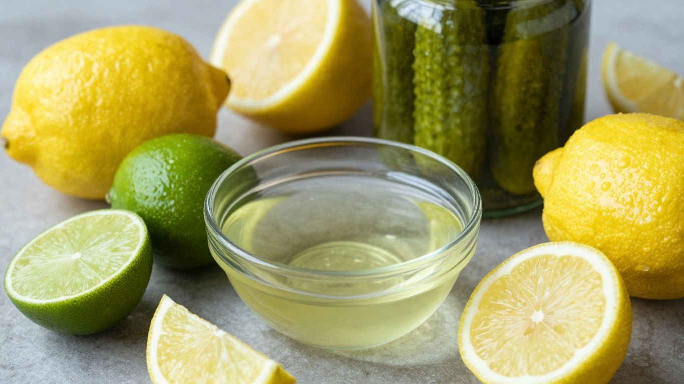 Citrus fruits, vinegar, and pickles arranged for a bright culinary theme.