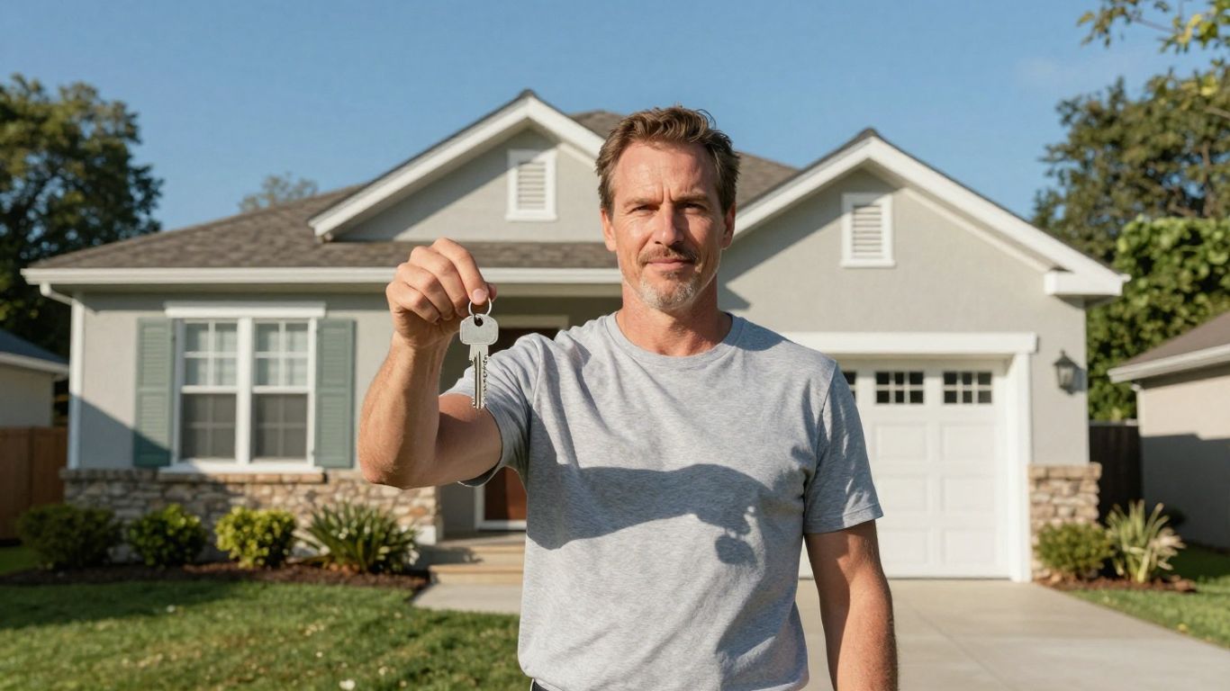 Homeowner with key in front of house.