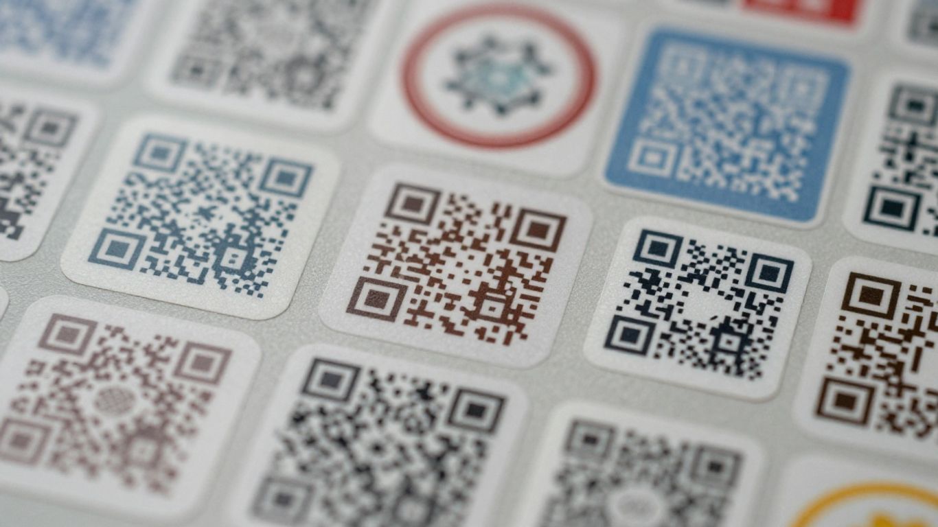 Various QR code stickers and labels in different shapes and materials.