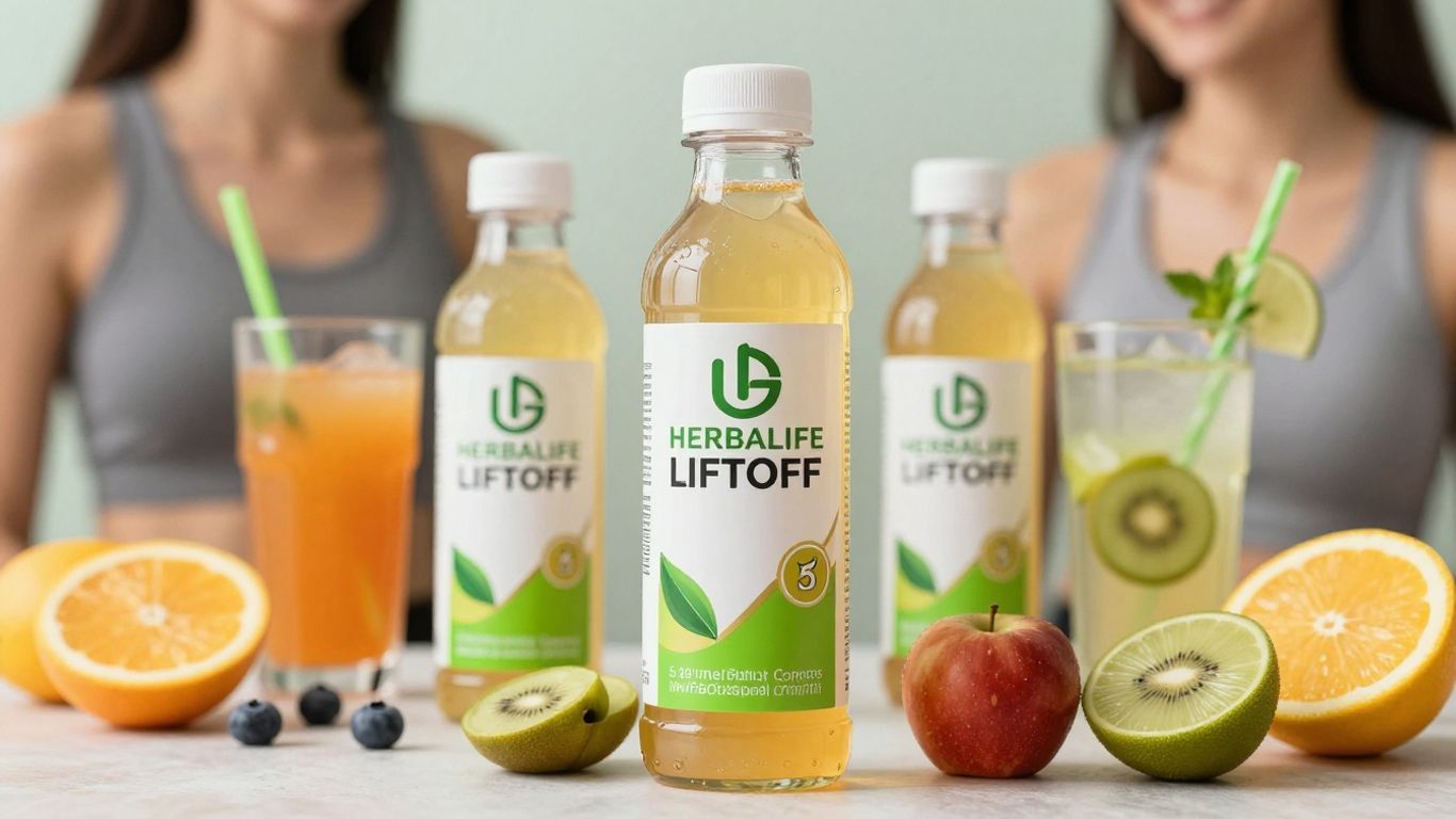 Herbalife Liftoff energy drink bottles and active lifestyle