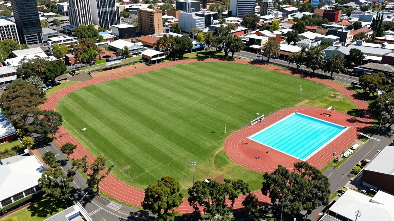 Toowoomba sports grounds, pools, and athletics tracks from above.