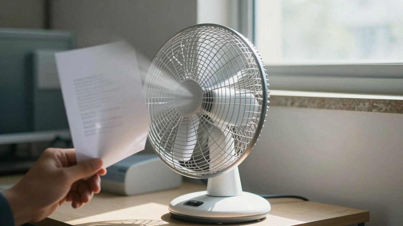 Büroangestellter kühlt sich bei Hitze mit Ventilator ab.