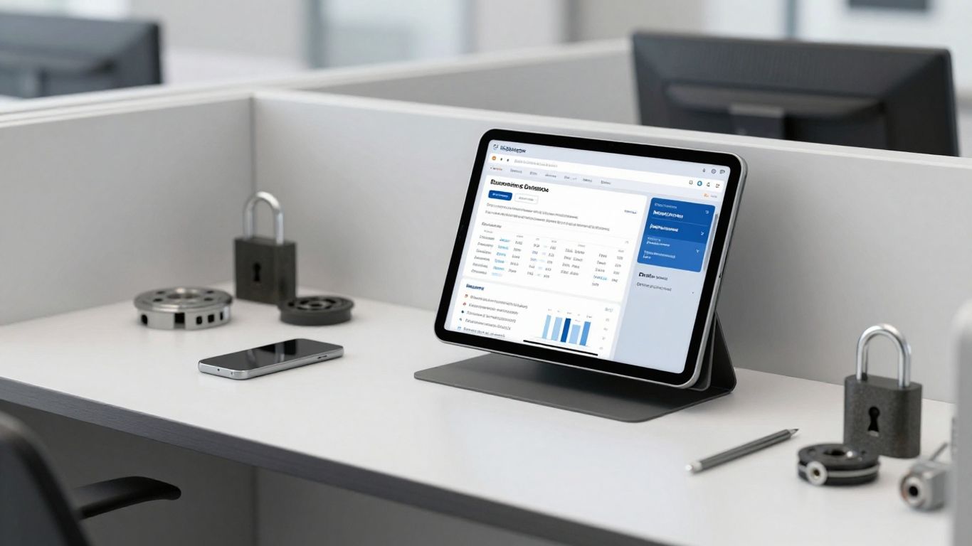 Locksmith software interface and organized tools on a workbench.