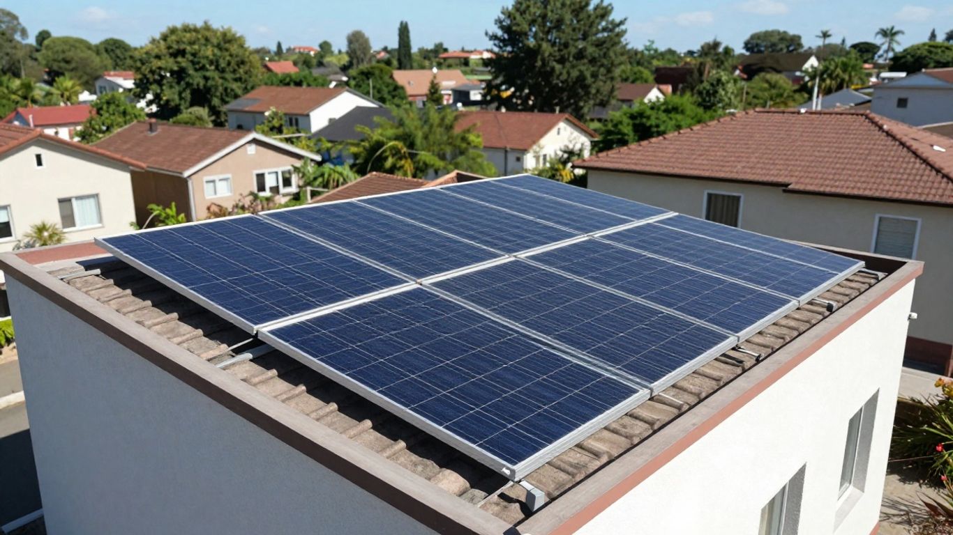 Rooftop with solar panels under a blue sky.